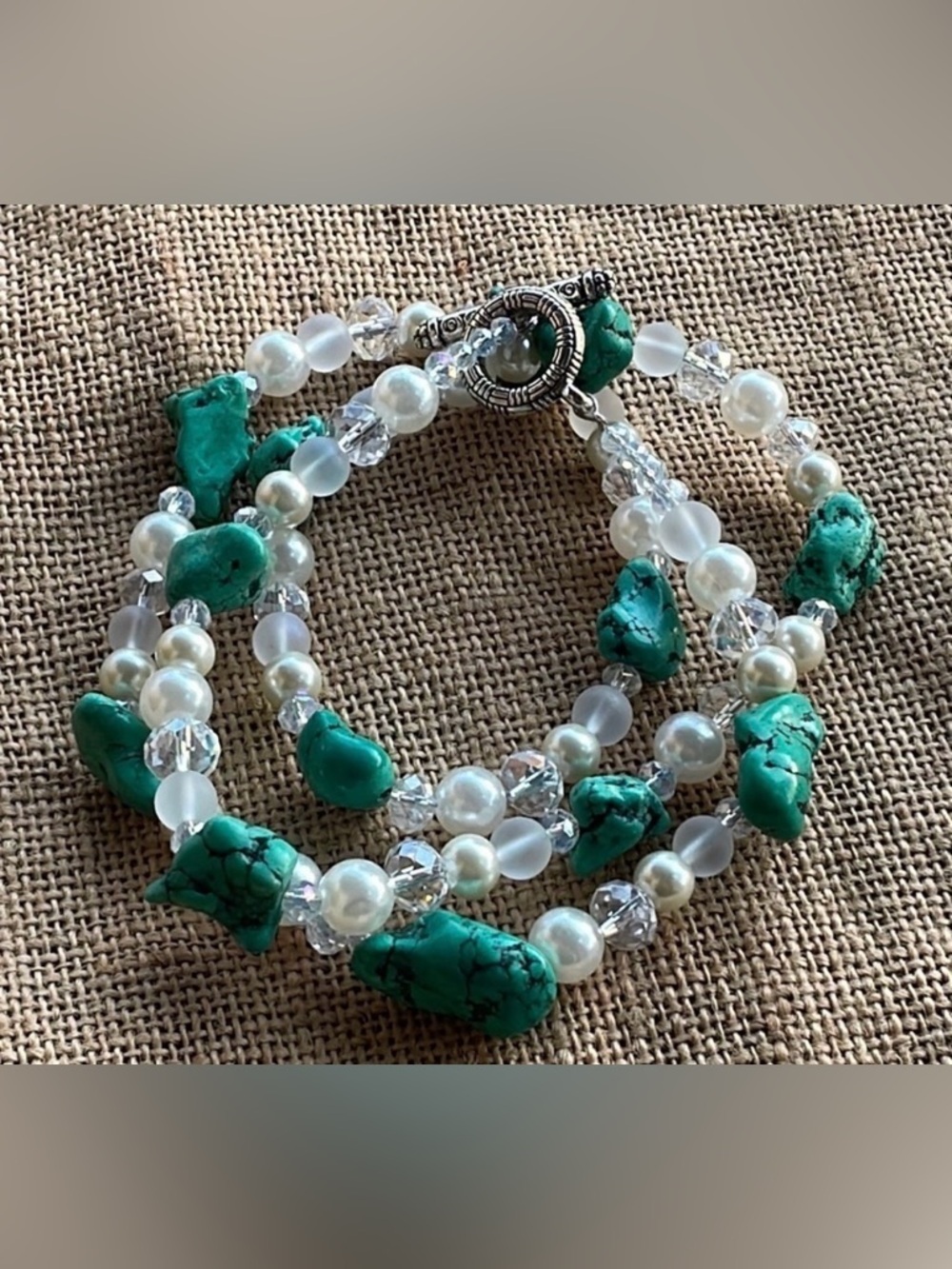 Chunky Turquoise & Pearl Crystal Multi-Strand bracelet / Necklace Handmade Rare